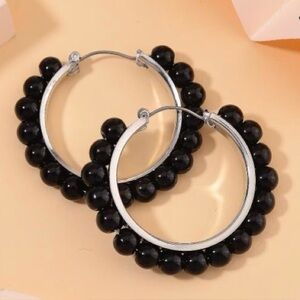 Black Obsidian 35 ctcw Hoop Earrings in Silvertone